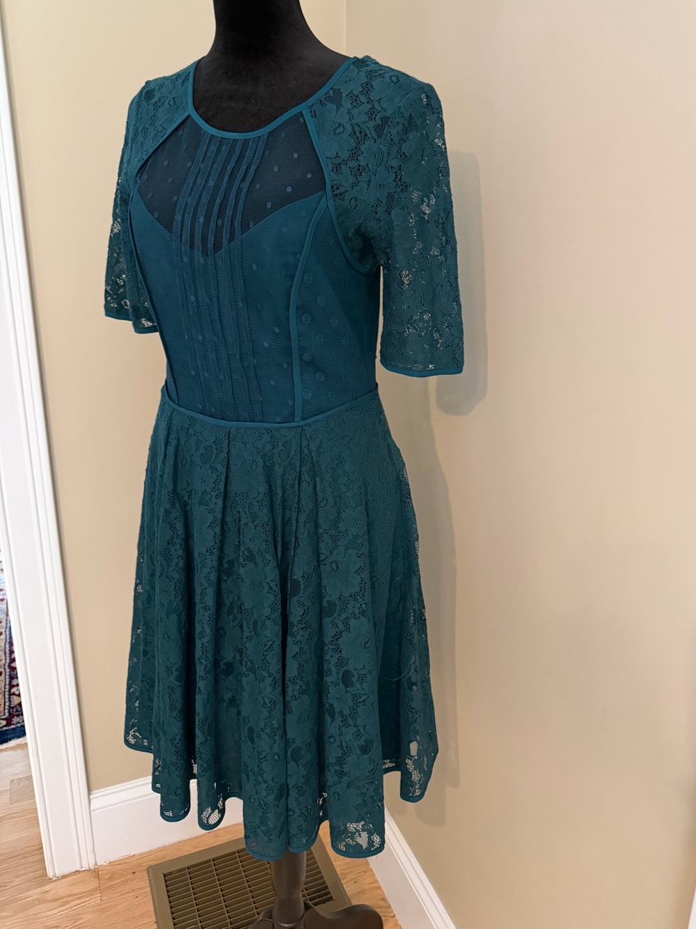 Teal BCBG Lace Fit-and-Flare Dress with Sheer paneling